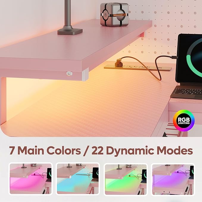 Bestier 52" Gaming Desk with Integrated Power Outlet & USB Ports, L-Shaped Computer Desk with LED Strip & Headphone Hooks, Perfect for Home Office Pink - LeafyLoom
