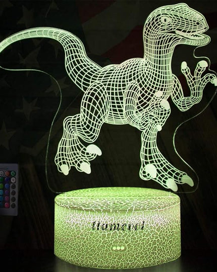 Dinosaur Night Lights for Kids Christmas Gift for Boys Birthday Dino Toy Raptor 3D Illusion Lamp Remote Control 16 Color Change - LeafyLoom