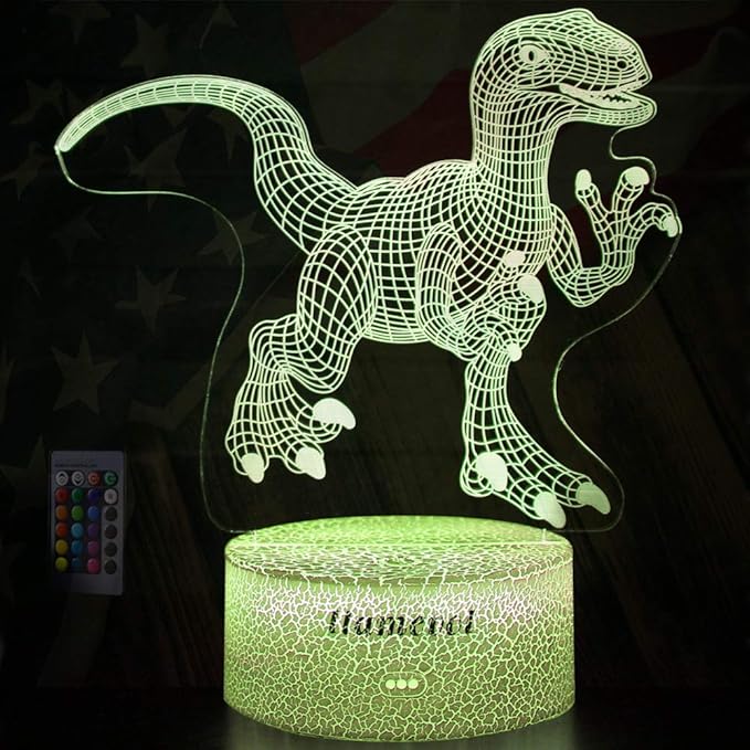 Dinosaur Night Lights for Kids Christmas Gift for Boys Birthday Dino Toy Raptor 3D Illusion Lamp Remote Control 16 Color Change - LeafyLoom
