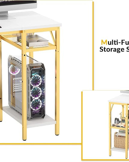 Unikito L Shaped Desk with Power Outlets and USB Charging Ports, Reversible L-Shaped Corner Desks with Storage Shelves, Unique Grid Design, 2 Person Gaming Computer Table for Home Office, White - LeafyLoom