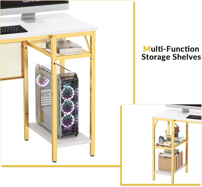Unikito L Shaped Desk with Power Outlets and USB Charging Ports, Reversible L-Shaped Corner Desks with Storage Shelves, Unique Grid Design, 2 Person Gaming Computer Table for Home Office, White - LeafyLoom