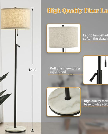 Marble Floor Lamp, Adjustable Height Standing Lamp with Marble Base Tall Lamp with Pull Chain Switch Floor Lamps for Living Room, Bedroom & Office Bulbs Not Included(Black) - LeafyLoom