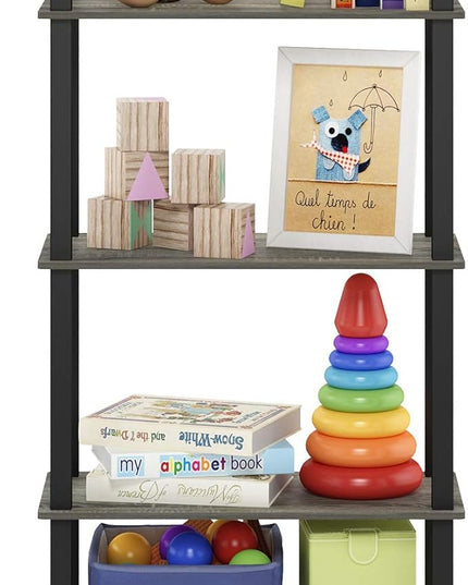 Furinno Turn-N-Tube 5-Tier Multipurpose Shelf / Display Rack / Storage Shelf / Bookshelf, Square Tubes, French Oak Grey/Black - LeafyLoom