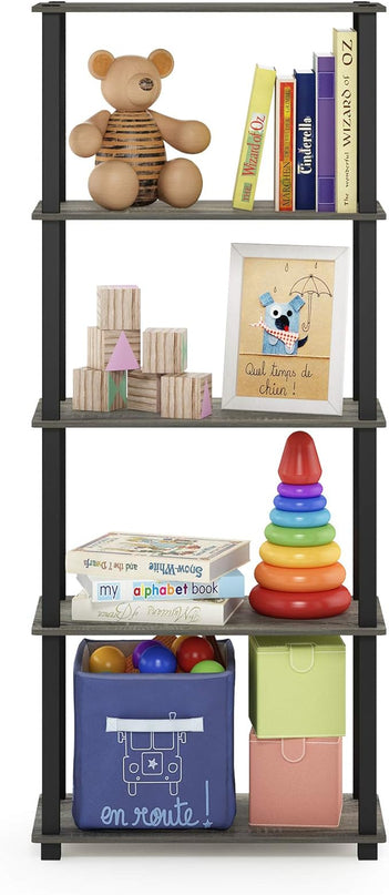 Furinno Turn-N-Tube 5-Tier Multipurpose Shelf / Display Rack / Storage Shelf / Bookshelf, Square Tubes, French Oak Grey/Black - LeafyLoom