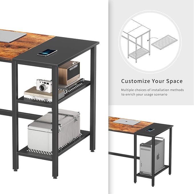 BANTI L Shape Computer Desk with Storage Shelf Study Writing Table for Home Office, Modern Simple Style PC Desk, Black Metal Frame - LeafyLoom
