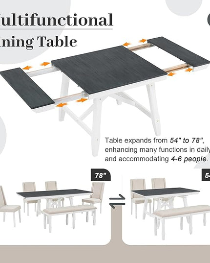 78Inch Dining Table Set for 6, Rectangular Extendable Dining Table with two 12" W Removable Leaves and 4 Upholstered Chairs & 1 Bench for Dining Room, Grey+White - LeafyLoom