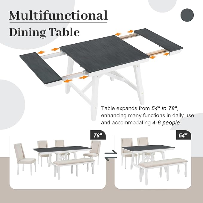 78Inch Dining Table Set for 6, Rectangular Extendable Dining Table with two 12" W Removable Leaves and 4 Upholstered Chairs & 1 Bench for Dining Room, Grey+White - LeafyLoom