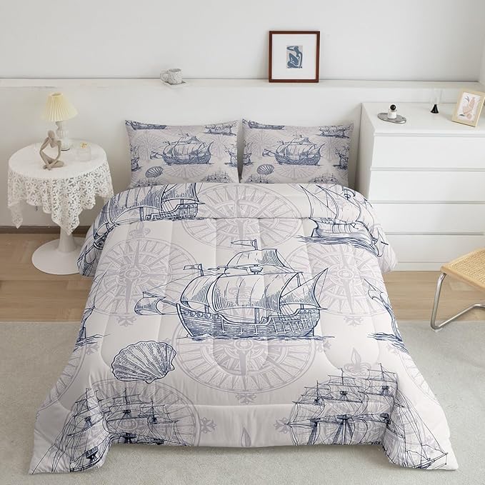 Nautical Comforter Set Sailboat Down Comforter Twin,Blue White Vintage Style Quilted Duvet Set Luxury Anchor Crab Pattern Bedding Insert Set for Kids, Adult Teen Boys Girls Bedroom Ocean Beach Decor - LeafyLoom