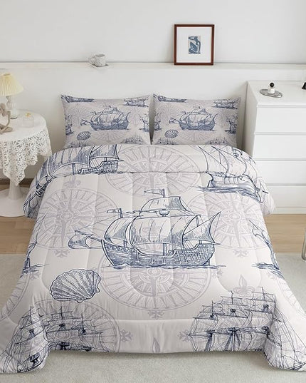 Nautical Comforter Set Sailboat Down Comforter Queen,Blue White Vintage Style Quilted Duvet Set Luxury Anchor Crab Pattern Bedding Insert Set for Kids, Adult Teen Boys Girls Bedroom Ocean Beach Decor - LeafyLoom
