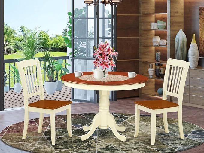 East West Furniture HLDA3-BMK-W 3 Piece Modern Dining Table Set Contains a Round Wooden Table with Pedestal and 2 Dining Chairs, 42x42 Inch, Buttermilk & Cherry - LeafyLoom