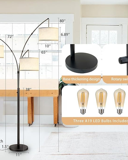 Dimmable Arc Floor Lamps for Living Room-Modern 3 Lights Floor Lamp, Mid Century Tall Standing Reading Lamp with Heavy Base 360° Adjustable Hanging Beige Shades for Bedroom Office Include Bulbs - LeafyLoom