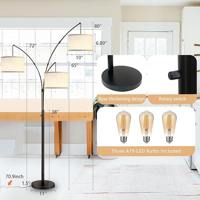 Dimmable Arc Floor Lamps for Living Room-Modern 3 Lights Floor Lamp, Mid Century Tall Standing Reading Lamp with Heavy Base 360° Adjustable Hanging Beige Shades for Bedroom Office Include Bulbs - LeafyLoom