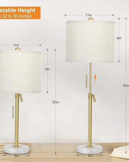 Table Lamp Set of 2: 22" to 30" Height Adjustable Pull Chain Switch for Living Room Bedroom End Table, Marble Base Beige Linen Shade Gold Nightstand Lamp for Office, Bedside Table (Gold, Beige Shade) - LeafyLoom