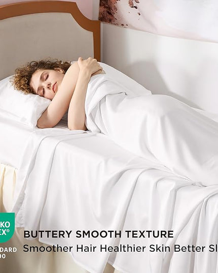 Bedsure Twin XL Sheet Set Dorm Bedding, Cooling Sheets Twin Extra Long Sheets, Rayon Derived from Bamboo, Deep Pocket Up to 16", Hotel Luxury Silky Bedding Sheets & Pillowcases, White - LeafyLoom