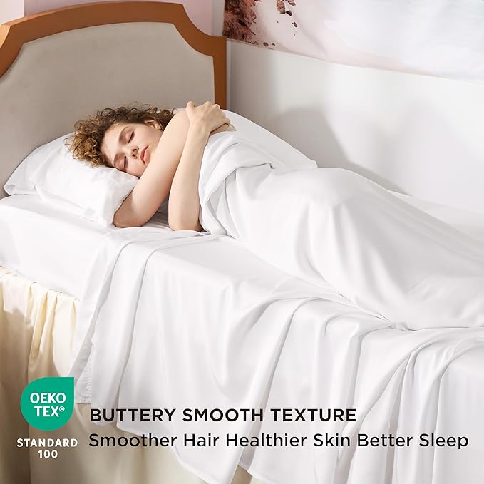 Bedsure Twin XL Sheet Set Dorm Bedding, Cooling Sheets Twin Extra Long Sheets, Rayon Derived from Bamboo, Deep Pocket Up to 16", Hotel Luxury Silky Bedding Sheets & Pillowcases, White - LeafyLoom