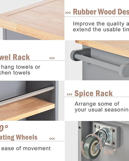 Kitchen Island with Storage, Two-Sided Rolling Extended Table on Wheels w/Wood Top, Wine and Spice Rack, 2 Drawers, 3 Open Compartments for Dinning Room - LeafyLoom