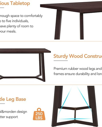 6-Piece Wood Dining Table Set with 4 PU Upholstered Chairs and Bench, Large Tabletop, for Kitchen Living Room, Farmhouse Style, Dark Brown, 59" L x 35.4" W x 30" H - LeafyLoom