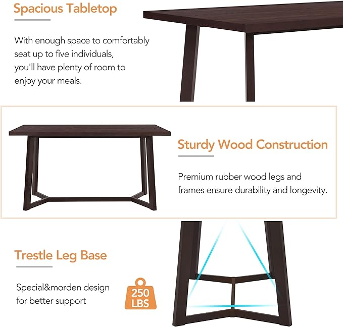 6-Piece Wood Dining Table Set with 4 PU Upholstered Chairs and Bench, Large Tabletop, for Kitchen Living Room, Farmhouse Style, Dark Brown, 59" L x 35.4" W x 30" H - LeafyLoom