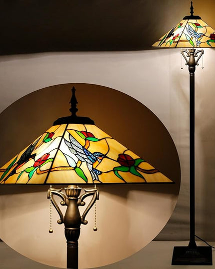 Tiffany Floor Lamp Mission Style Stained Glass Standing Reading Light 16X16X64 Inch Amber Hummingbird - LeafyLoom