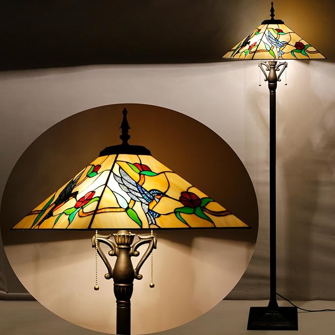 Tiffany Floor Lamp Mission Style Stained Glass Standing Reading Light 16X16X64 Inch Amber Hummingbird - LeafyLoom