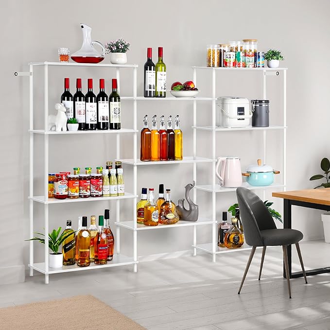 melos 4 Tier Bookshelf, Industrial Bookcase, Large Etagere Bookshelf Open Display Shelves with Metal Frame and 2 Anti-Tipping Strap, White - LeafyLoom