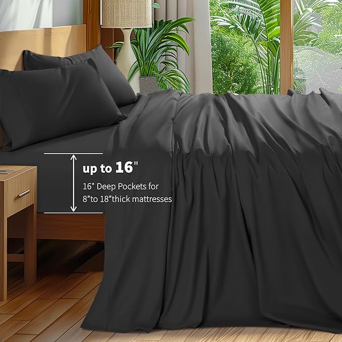Shilucheng 100% Cotton Sheets Set - 600 Thread Count，Luxury Egyptian Cotton Bed Sheets，5-Star Hotel Quality Sheets, Breathable & Cooling, 16 Inch Deep Pocket - 4 Piece (Black, California King) - LeafyLoom
