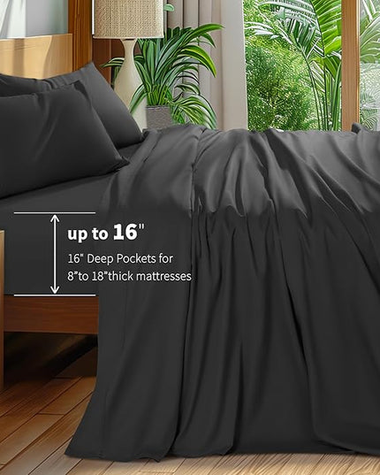 Shilucheng 100% Cotton King Size Sheets Set - 600 Thread Count，Luxury Egyptian Cotton Bed Sheets，5-Star Hotel Quality Sheets, Breathable & Cooling, 16 Inch Deep Pocket - 4 Piece (Black, King) - LeafyLoom
