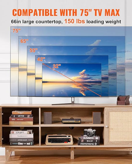 VEVOR Rattan TV Stand, Mid Century Modern TV Stand for 75 inch TV, Boho Rattan TV Cabinet with Build-in Socket and USB Ports, Adjustable Shelfs for Living Room, Media Room, Oak - LeafyLoom