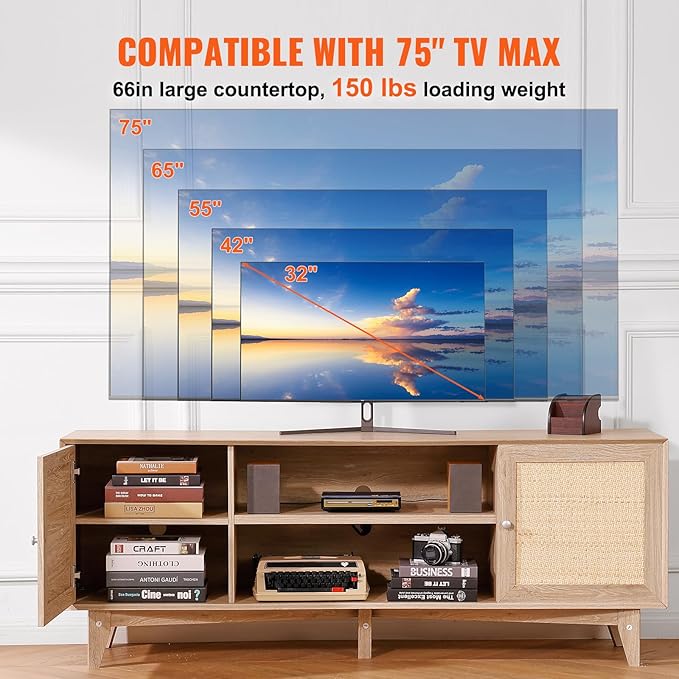 VEVOR Rattan TV Stand, Mid Century Modern TV Stand for 75 inch TV, Boho Rattan TV Cabinet with Build-in Socket and USB Ports, Adjustable Shelfs for Living Room, Media Room, Oak - LeafyLoom