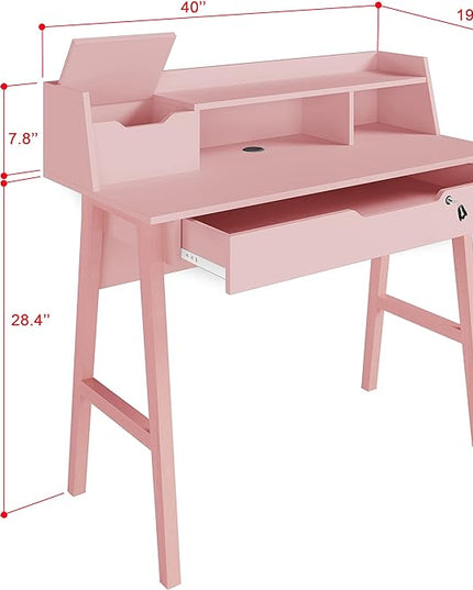 Roma Writing Desk - Elegant Wood Study Desk With Storage, Cable Holes & Drawers - Work Table for Home, Office, Dorm, Small Spaces - Compact Black Desk, 40x19x36.9” (pink) - LeafyLoom