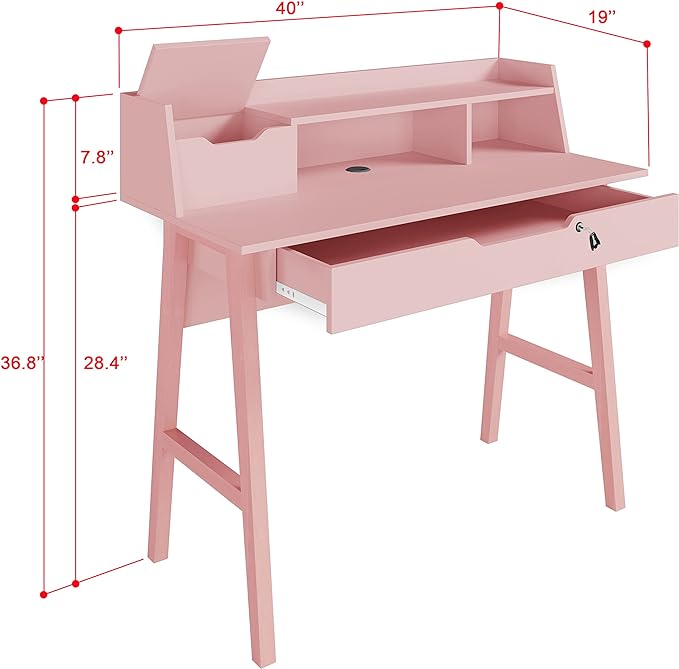Roma Writing Desk - Elegant Wood Study Desk With Storage, Cable Holes & Drawers - Work Table for Home, Office, Dorm, Small Spaces - Compact Black Desk, 40x19x36.9” (pink) - LeafyLoom