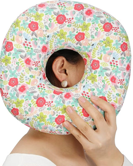 Piercing Pillow Ear Pillows Floral Print Donut with Hole for Ear Pain CNH, Piercing, Pain Relief Sleeping, Pressure Sore, Side Sleepers, Headphones (Camellia) - LeafyLoom