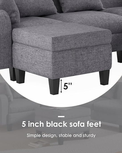 Modern L-Shaped Couch with Coffee Table & 6 Pillows, 6-Seat Sectional Sofa Set with Storage Ottoman & Unique Curved Armrest, Convertible 5-Seat Indoor Furniture for Living Room, Apartment - LeafyLoom