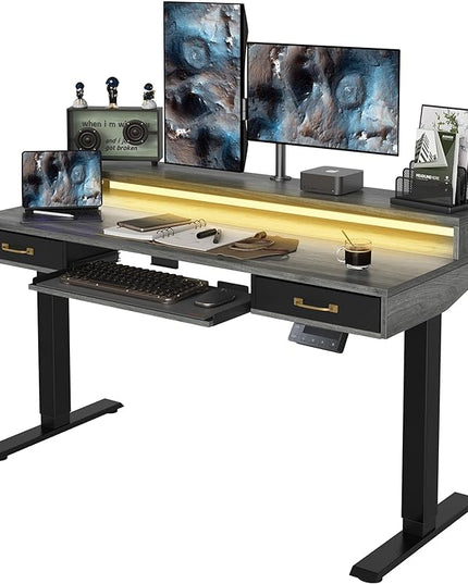 FEZIBO 55 x 25 Inch Height Adjustable Electric Standing Desk with Double Drawers&Keyboard Tray, Stand Up Desk with LED Strips, Sit Stand Desk with Monitor Stand, Rustic Grey - LeafyLoom