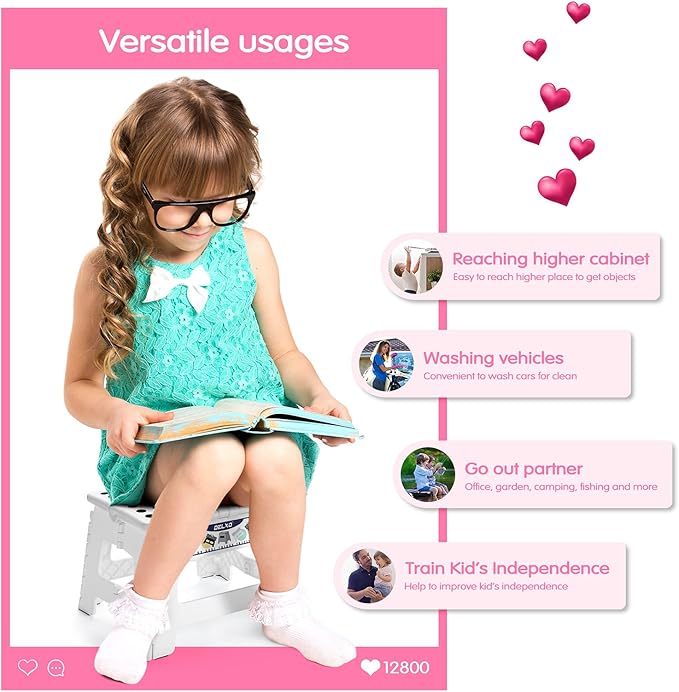 Delxo 9” Folding Step Stool in White,1 Pack Premium Heavy Duty Foldable Stool for Kids,Portable Collapsible Plastic Step Stool,Non Slip Folding Stools for Kitchen Bathroom Bedroom - LeafyLoom