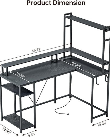 L Shaped Desk with Monitor Stand & Hutch, Computer Gaming Desk with LED Lights & Power Outlets, Home Office Coner Desk with Adjustable Storage Shelves, Black - LeafyLoom