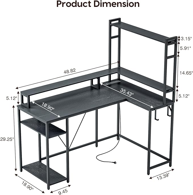 L Shaped Desk with Monitor Stand & Hutch, Computer Gaming Desk with LED Lights & Power Outlets, Home Office Coner Desk with Adjustable Storage Shelves, Black - LeafyLoom