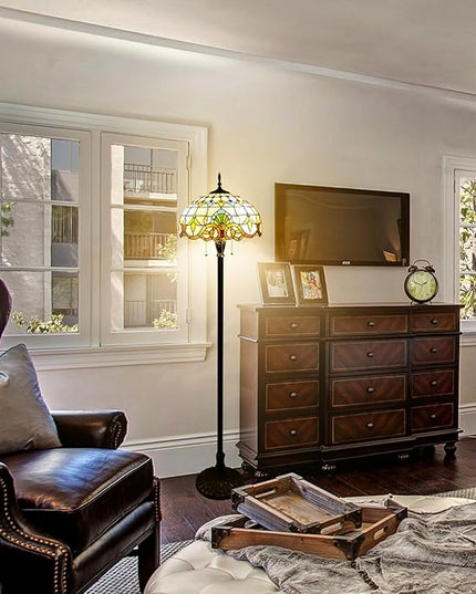 Tiffany Floor Lamp 3 Lights Baroque Stained Glass Standing Reading Light Antique Pole Corner Lamp for Living Room Bedroom Home Office,15.74 inch - LeafyLoom