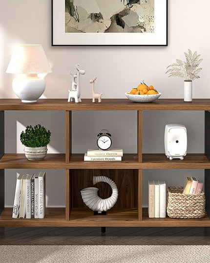FOLUBAN 6 Cube Storage Organizer Bookshelf, Industrial Horizontal Low Cubby Bookcase for Living Room Bedroom (Rustic Walnut, 47 Inch) - LeafyLoom