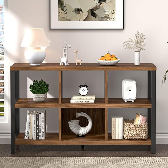 FOLUBAN 6 Cube Storage Organizer Bookshelf, Industrial Horizontal Low Cubby Bookcase for Living Room Bedroom (Rustic Walnut, 47 Inch) - LeafyLoom