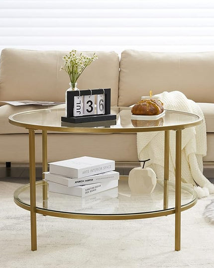 VINGLI Glass Coffee Table, 30" Round Champagne Gold Coffee Tables for Living Room,2-Tier Glass Top Coffee Table with Storage Clear Coffee Table,Simple & Modern Center Table Mesa de Centro Para Sala - LeafyLoom