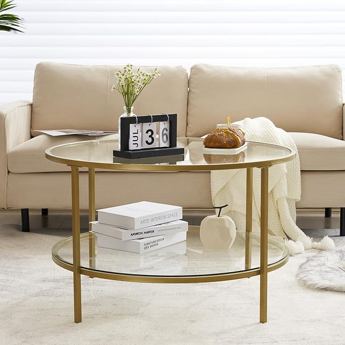 VINGLI Glass Coffee Table, 30" Round Champagne Gold Coffee Tables for Living Room,2-Tier Glass Top Coffee Table with Storage Clear Coffee Table,Simple & Modern Center Table Mesa de Centro Para Sala - LeafyLoom