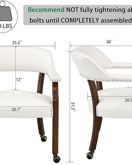Large Dining Chairs with Casters and Arms, Rolling Dining Chairs with Wheels, Accent Game Poker Chairs, Wood Boss Caption's Chairs, 26“Dx25.2 Wx31.5“H, Cherry Legs & Ivory PU, SY-1533-WT - LeafyLoom