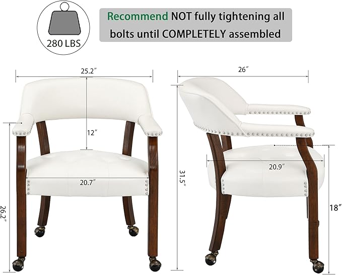 Large Dining Chairs with Casters and Arms, Rolling Dining Chairs with Wheels, Accent Game Poker Chairs, Wood Boss Caption's Chairs, 26“Dx25.2 Wx31.5“H, Cherry Legs & Ivory PU, SY-1533-WT - LeafyLoom