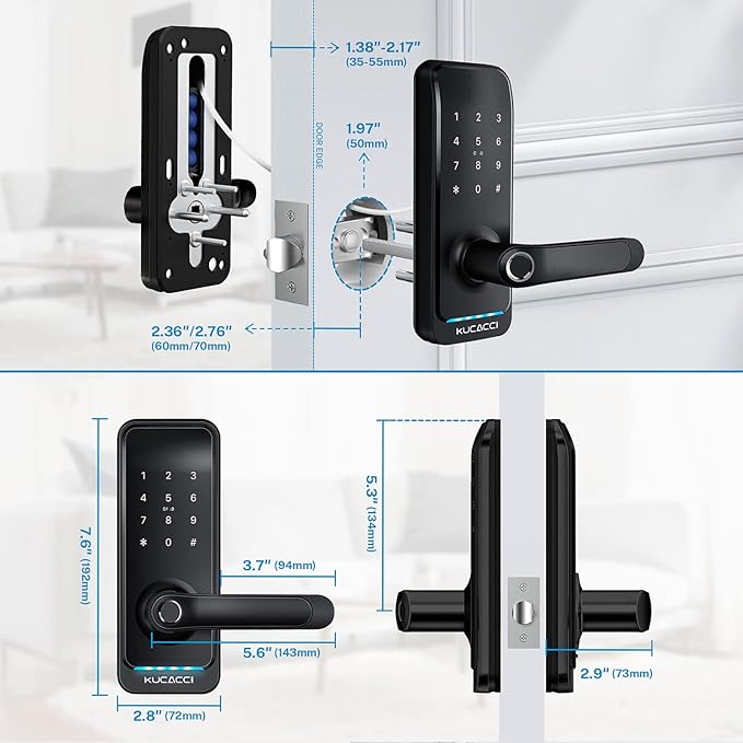 Smart Door Lock with Handle: Kucacci Keyless Entry Digital Door Lock for Front Door - Fingerprint Keypad Smart Dnob - Generate Passcode Remotely - App Control - Easy Installation(Black) KeylessLockforSmartHome