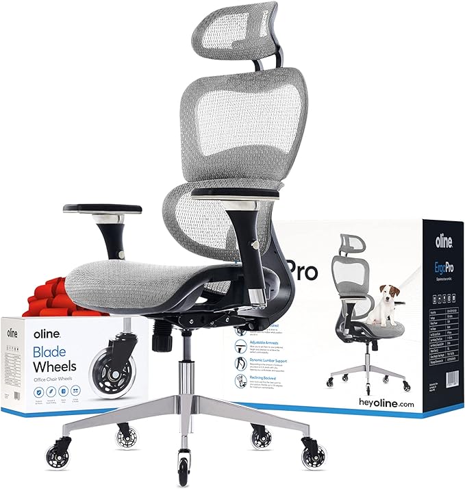 Oline ErgoPro Ergonomic Office Chair - Rolling Desk Chair with 4D Adjustable Armrest, 3D Lumbar Support and Blade Wheels - Mesh Computer Chair, Gaming Chairs, Executive Swivel Chair (Light Gray) - LeafyLoom