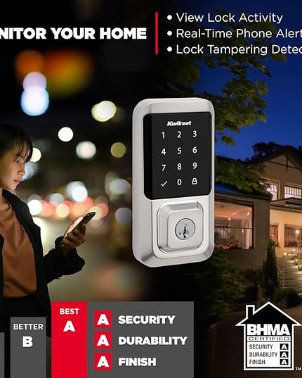 Kwikset Halo Wi-Fi Smart Lock, Keyless Entry Door Deadbolt, Geofence Auto-Unlock, Grade AAA Certified, No Hub Easy Install, Satin Nickel Lifetime Finish Warranty, Touchscreen Kwikset