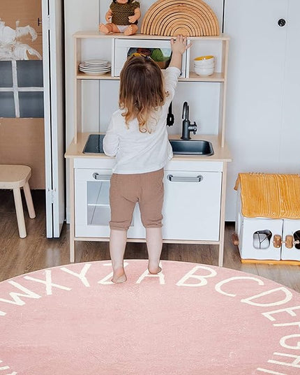 Topotdor Round Kids Play Rug Alphabet Nursery Area Rug Extra Large Soft Crawling Play Mat for Children Toddlers Bedroom (71 inch, Pink) - LeafyLoom