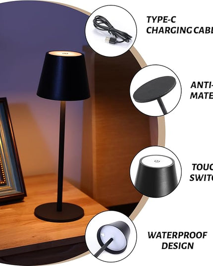 Maksone 2 Pack LED Cordless Table Lamp, 6600mWh Rechargeable Battery Desk Lamp, 3000K Stepless Dimming Night Light, IP54 Waterproof Metal Outdoor Portable Lamp for Restaurant, Patio (Black) - LeafyLoom