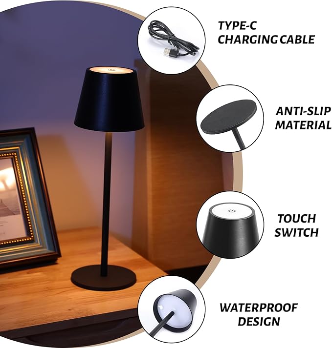 Maksone 2 Pack LED Cordless Table Lamp, 6600mWh Rechargeable Battery Desk Lamp, 3000K Stepless Dimming Night Light, IP54 Waterproof Metal Outdoor Portable Lamp for Restaurant, Patio (Black) - LeafyLoom